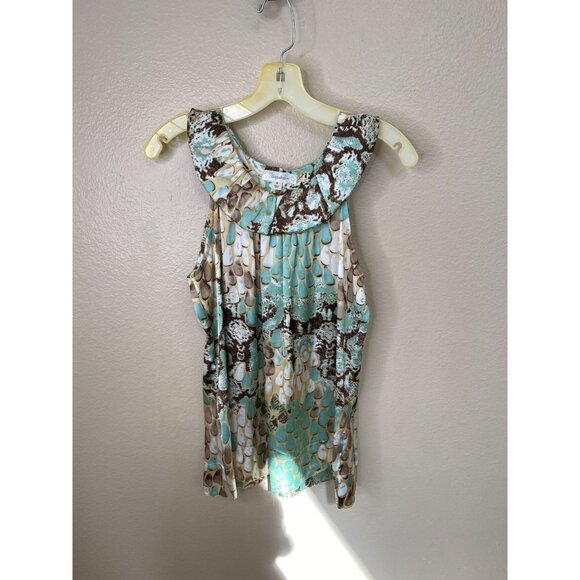 Dressbarn Womens Sleeveless Abstract Print Blouse Top Small Teal/Brown/Beige - Picture 2 of 7